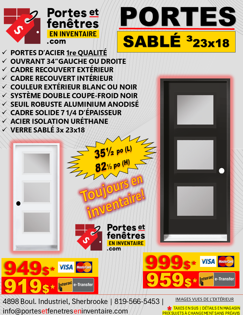 SABLE 34 INSWING 23x18 V3 porte 3 vitres sablées de 23x18 pouces