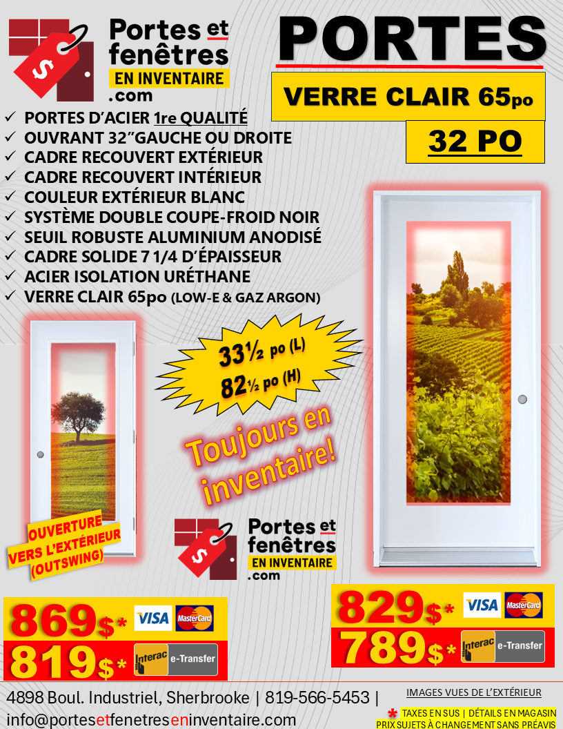 PORTE VERRE CLAIR 65po BLANCHE 32 OUVRANT INTÉRIEUR GAUCHE