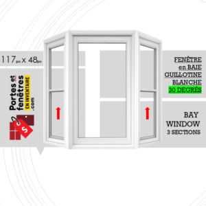 FENÊTRE EN BAIE À GUILLOTINE 117po X 048po BLANC PVC AVEC ANGLE 30 DEGRÉS QUALITÉ
