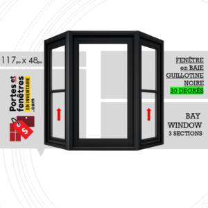 FENÊTRE EN BAIE À GUILLOTINE 117po X 048po NOIRE PVC AVEC ANGLE 30 DEGRÉS QUALITÉ