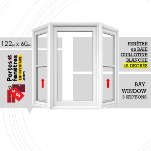 FENÊTRE EN BAIE À GUILLOTINE 122po X 060po BLANC PVC AVEC ANGLE 45 DEGRÉS QUALITÉ