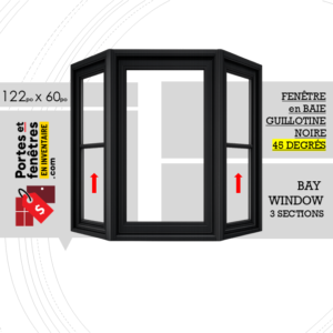 FENÊTRE EN BAIE À GUILLOTINE 122po X 060po NOIRE PVC AVEC ANGLE 45 DEGRÉS QUALITÉ