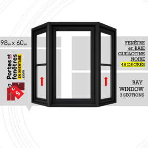 FENÊTRE EN BAIE À GUILLOTINE 098po X 060po NOIRE PVC AVEC ANGLE 45 DEGRÉS QUALITÉ