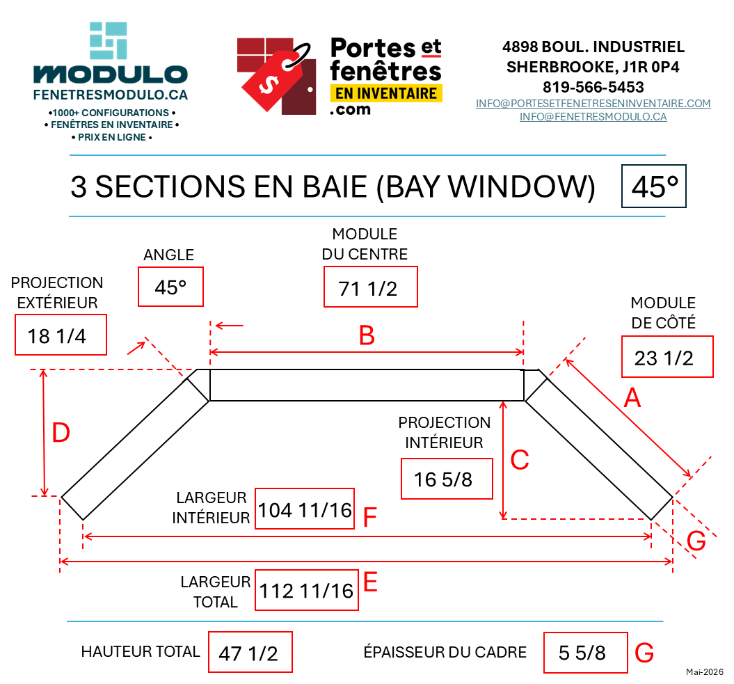 bay window 113X48 45d FENÊTRE EN BAIE 113po X 048po À BATTANT BLANC PVC AVEC ANGLE 45 DEGRÉS QUALITÉ – Image 4